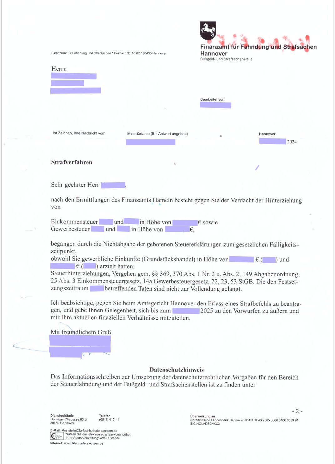 Original-Vorladung vom Finanzamt wegen Steuerhinterziehung – Beispiel DIN-A4-Seite