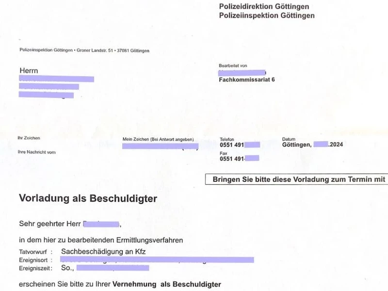 Beispiel einer Vorladung als Beschuldigter von der Polizei.