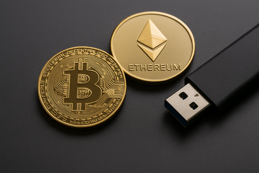 Bitcoin und Ethereum Münzen neben USB-Stick – Symbol für Cyber-Trading-Betrug und Krypto-Sicherheit