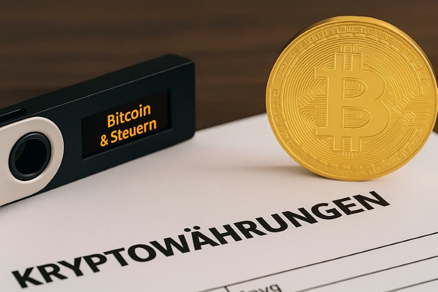 Nahaufnahme einer Hardware-Wallet – Symbolbild für Bitcoin, Steuerrecht und digitale Vermögenswerte