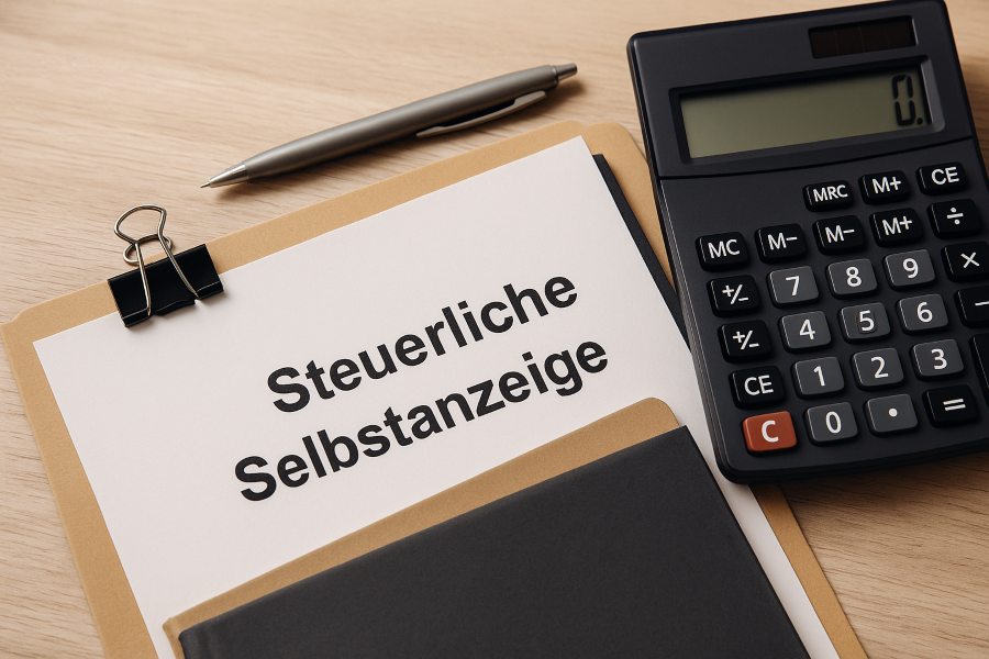 Steuerformulare, Aktenmappe und Taschenrechner – Symbolfoto zur Selbstanzeige bei Steuerhinterziehung
